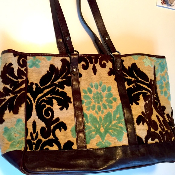 Glenda Gies tote shoulder bag purse brocade floral vintage look chenille leather - Picture 3 of 6